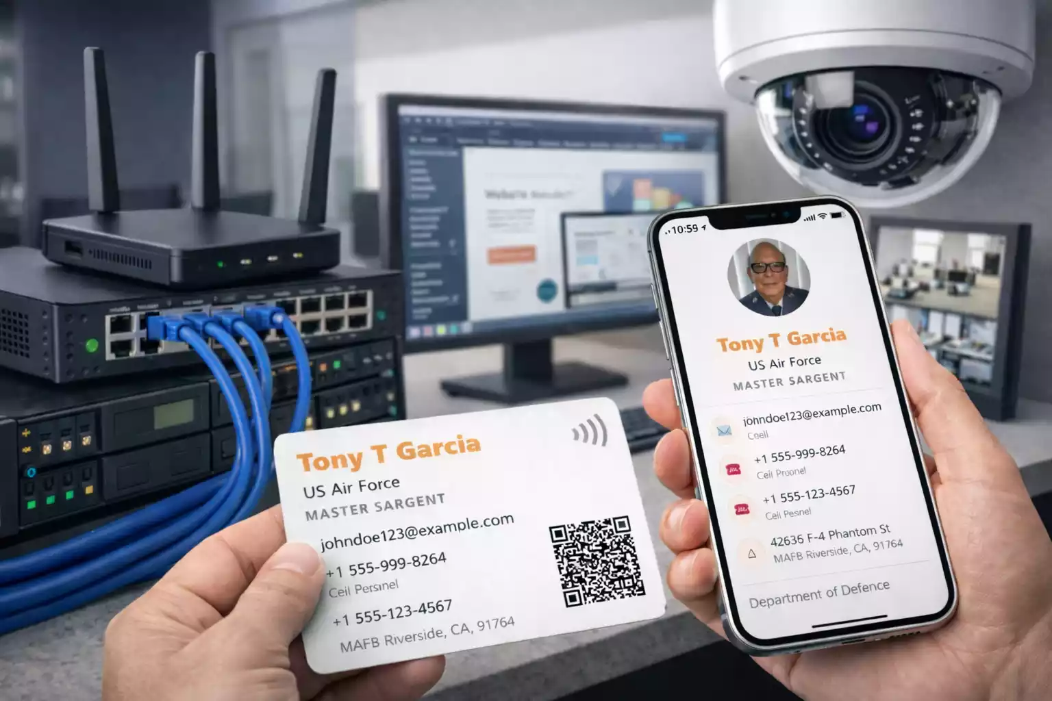 Phone showing digital business card and QR contact sharing image